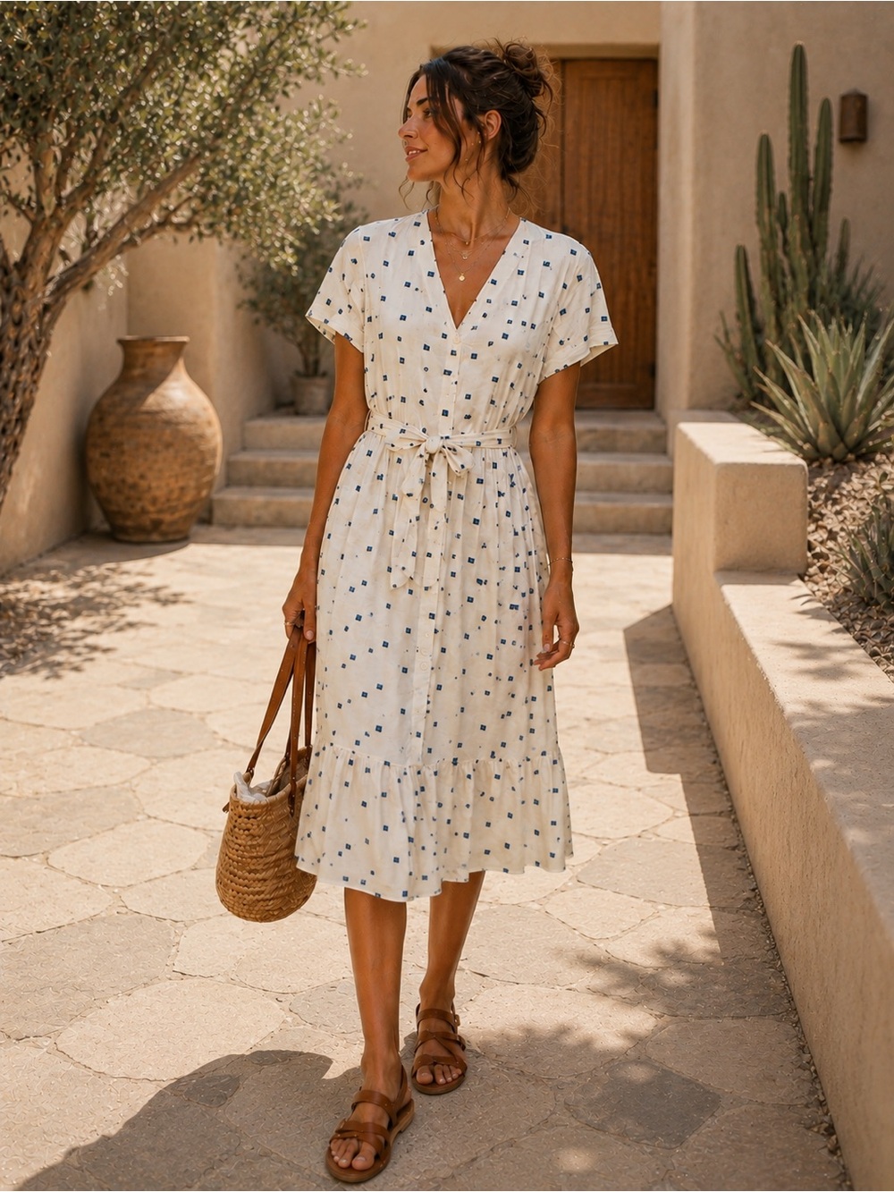 Caslon Cream Midi Dress Cotton with Blue Embroidered Pattern